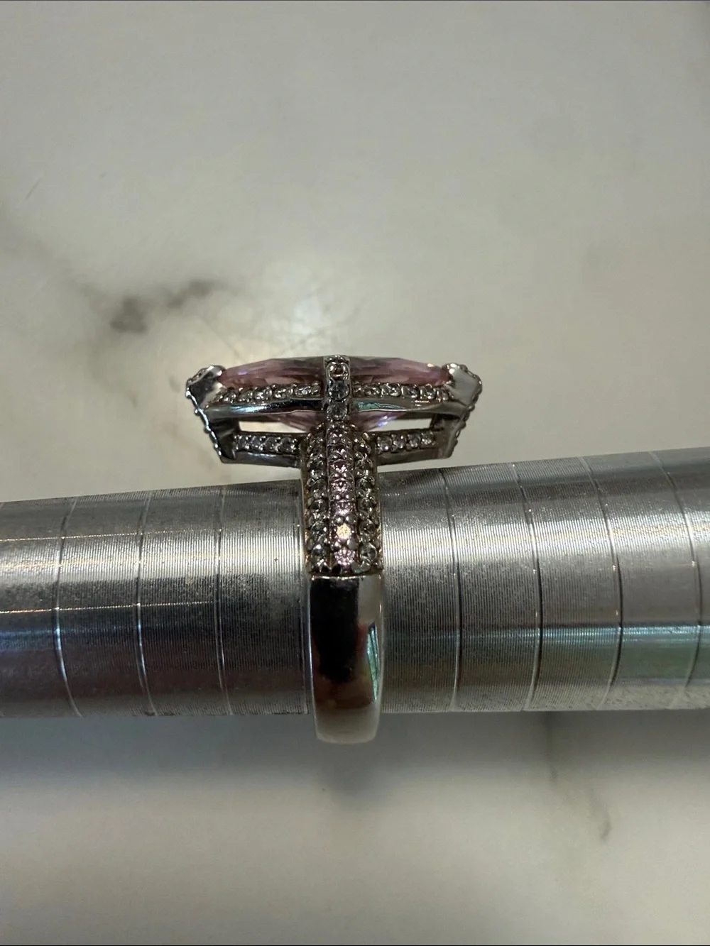 Silver ring with marquise cut pink CZs, size 7
